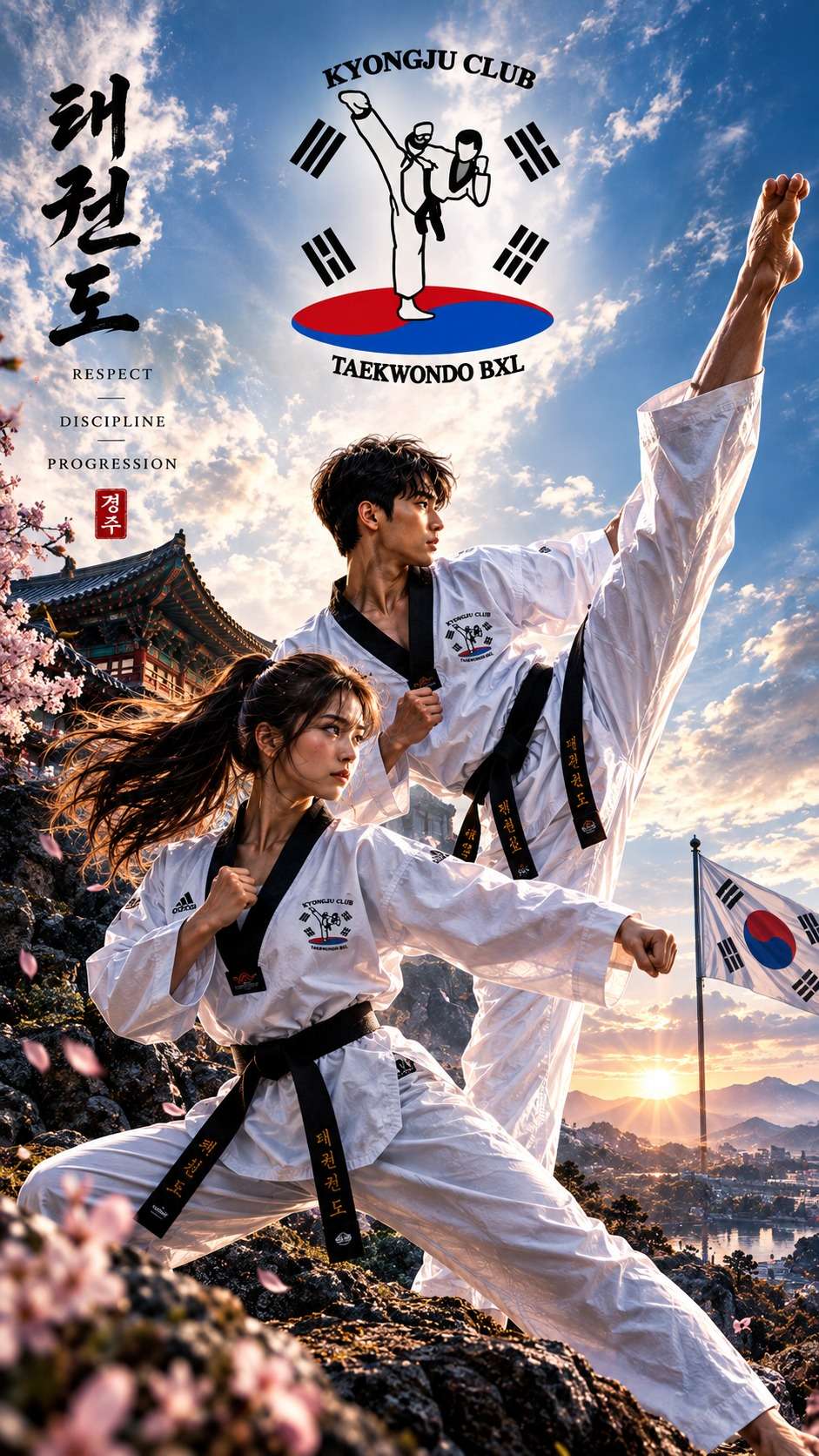 Deux pratiquants de taekwondo en dobok du Kyongju Club pendant une démonstration